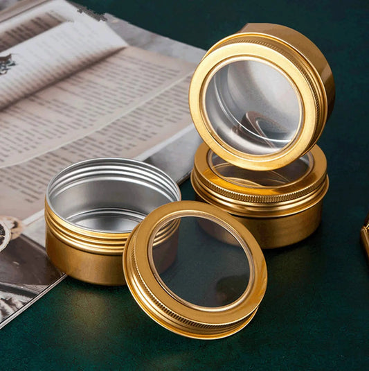 Wholesale Gold Screw Cap Aluminum Jar with Clear Window 50-150g Tins in Bulk